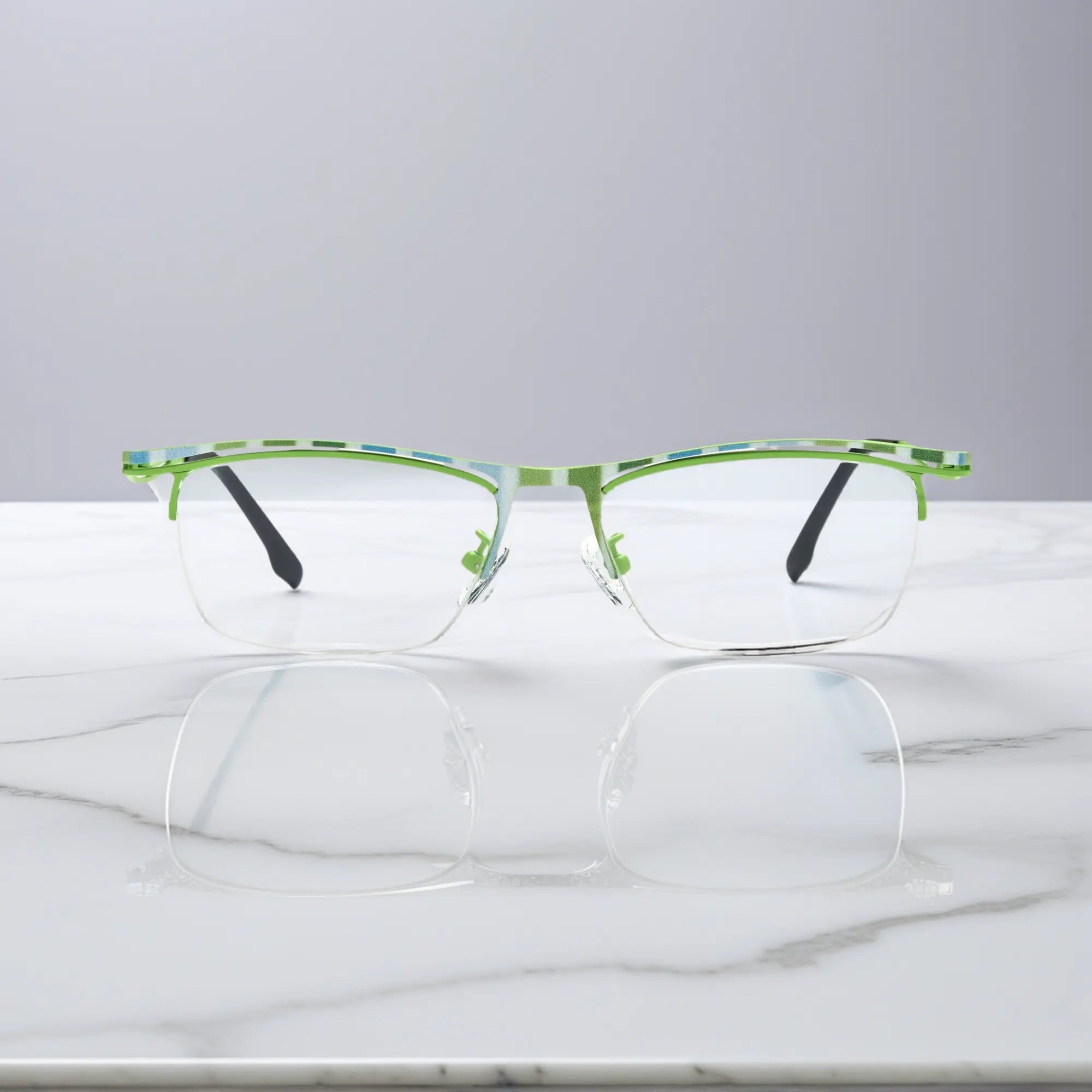 VoyueLens™ Lime Stripe titanium semi-rim eyeglasses front view